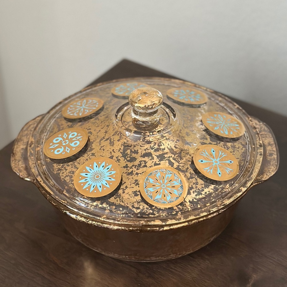 Fire-King Georges‎ Briard Vintage Covered 2 Qt Casserole Dish Gold Teal MCM